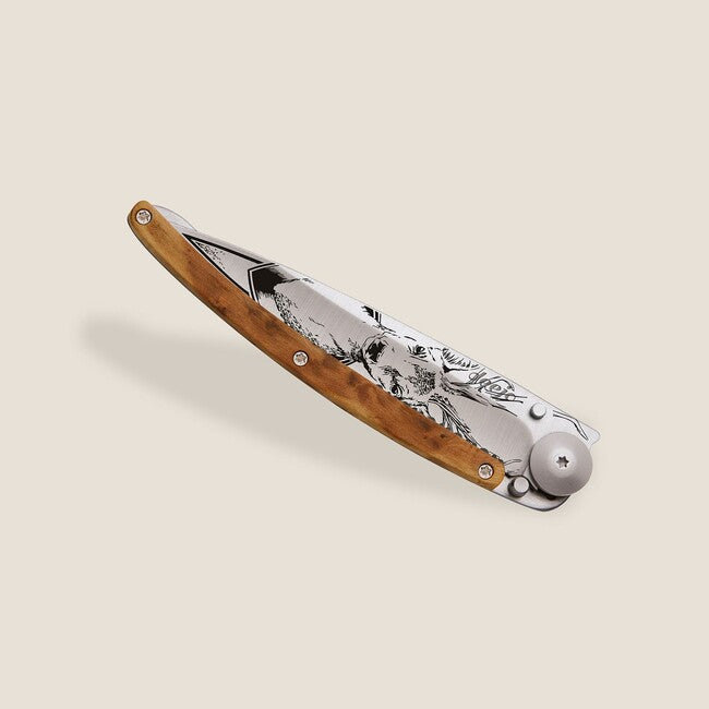 Deejo Serration Folding Knife, Titan Wood, Deer