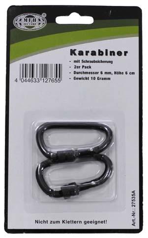 MFH Carabiners with Safety Lock 2pcs, Black, 60x6mm