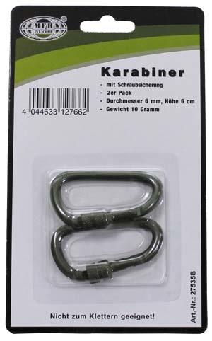 MFH Carabiners with Safety Lock 2pcs, Olive, 60x6mm