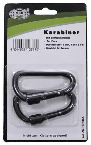 MFH Carabiner with Safety Lock 2pcs, Black, 80x8mm