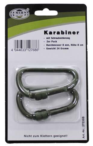 MFH Carabiner with Safety Lock 2pcs, Olive, 80x8mm