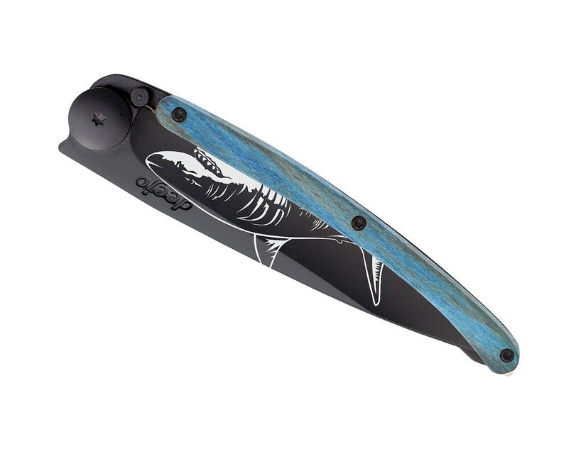 Deejo Tattoo Folding Knife, Black Blue Beech Shark