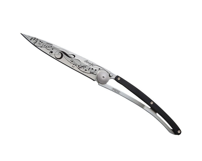 Deejo Tattoo Folding Knife Ebony Wood Partition