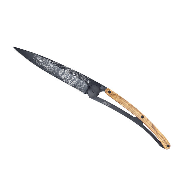 Deejo Tattoo Folding Knife, Black, Olive Wood, Leo