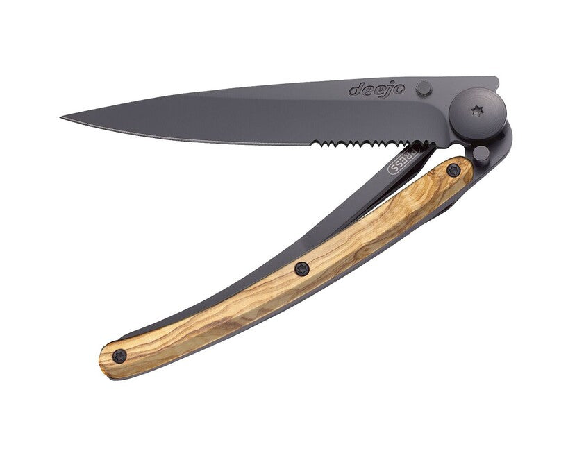 Deejo Serration Folding Knife, Black Olive Wood