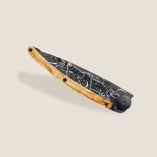Deejo Tattoo Serration Folding Knife, Olive Wood, Hunting Scene