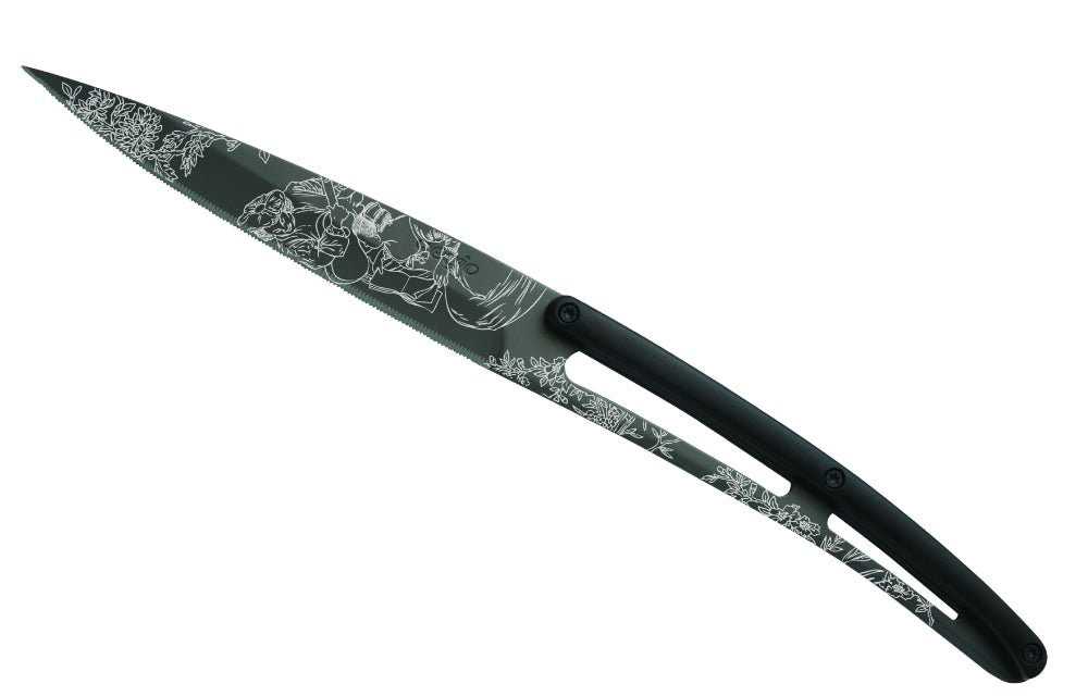 Deejo Set of 6 Steak Knives, Black Titanium Blade, Serrated Edge, Black ABS Handle, Toile de Jouy Design