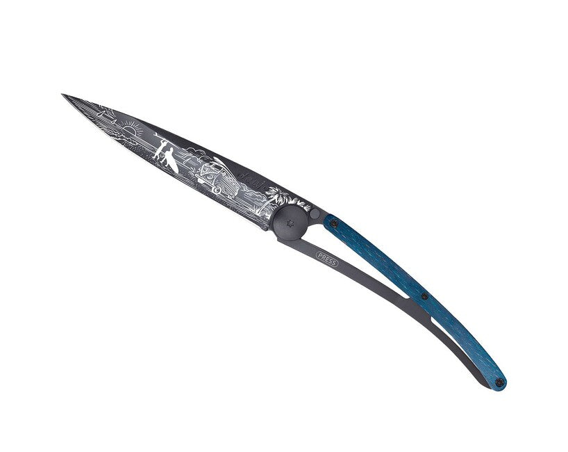 Deejo Tattoo Van Life Folding Knife, Black Blue Beech