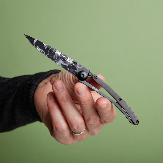 Deejo Tattoo Folding Knife, Black Ebony Wood Vinyl