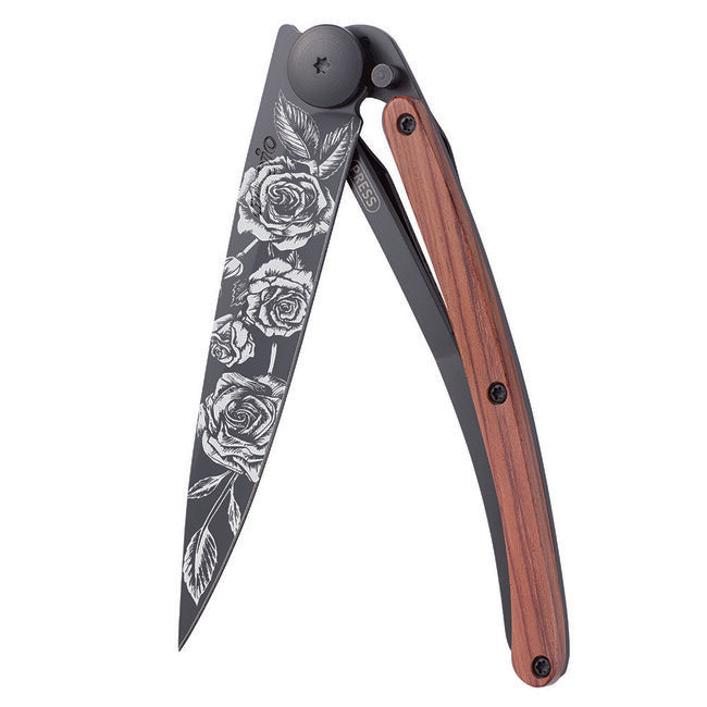 Deejo Folding Knife Black Tattoo Coralwood Roses