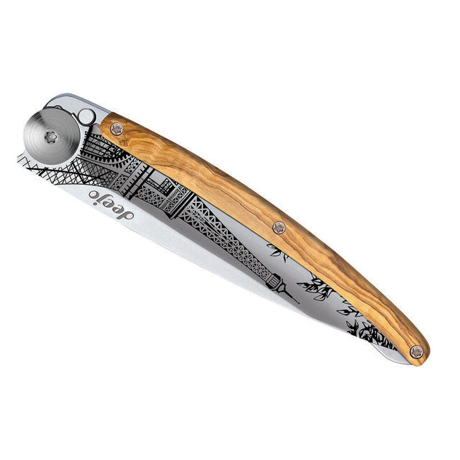 Deejo Tattoo Mirror Folding Knife, Olive Wood, Eiffel Tower