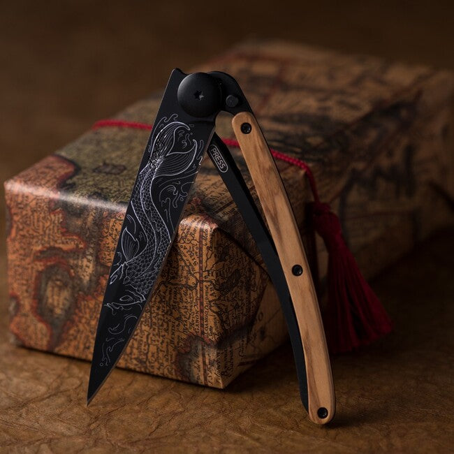 Deejo Tattoo Folding Knife, Black, Olive Wood, Pisces