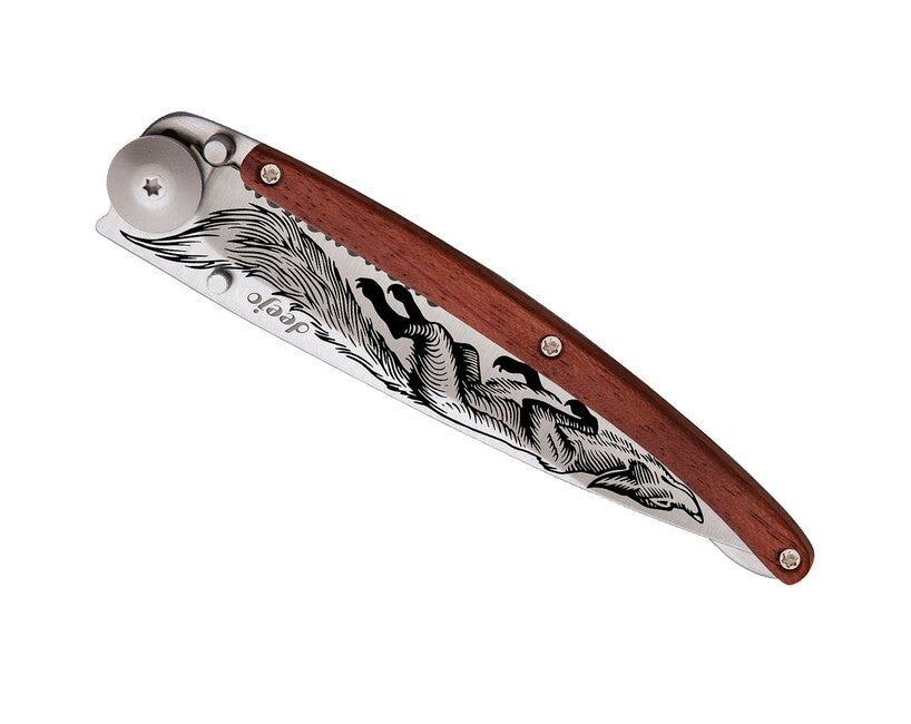 Deejo Tattoo Serration Folding Knife, Coralwood