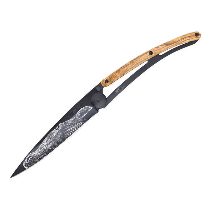 Deejo Black Tattoo Folding Knife, Olive Wood