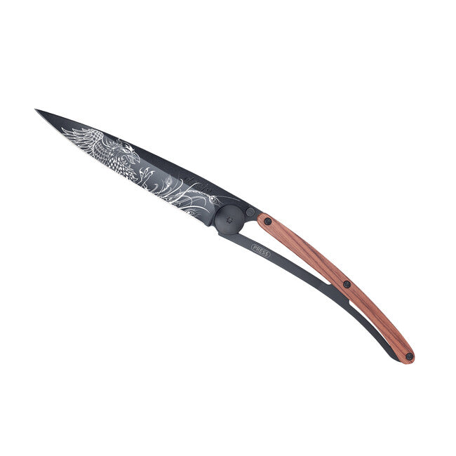 Deejo Tattoo Folding Knife, Black Coral Wood Phoenix