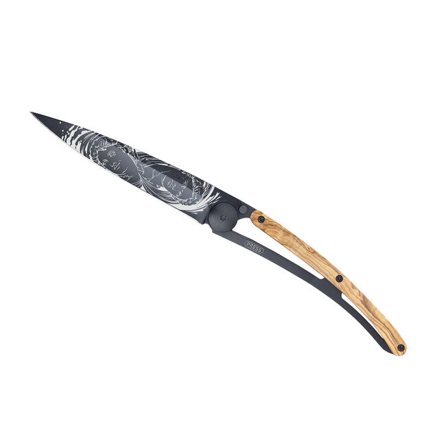 Deejo Tattoo Folding Knife, Black, Olive Wood, Gemini