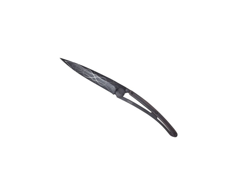Deejo Tattoo Folding Knife, Black Ebonywood Infinity