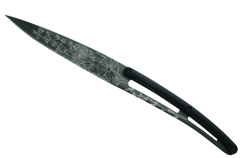 Deejo 6-Piece Steak Knife Set, Black Titan Blade, Serrated Edge, Black ABS Handle, Blossom Design