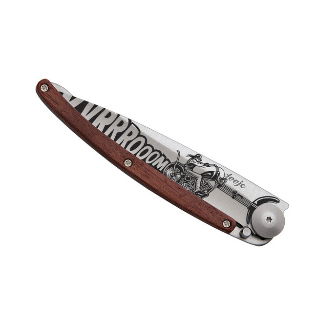 Deejo Tattoo Biker Vroom Folding Knife, Coralwood