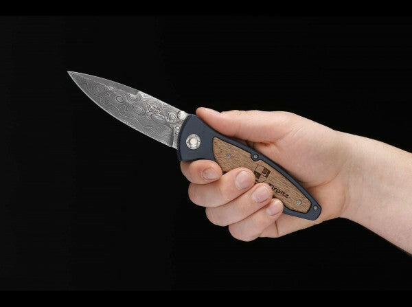 Böker Tirpitz-Damascus Pocket Knife 9.9 cm, Damascus Steel, Aluminum, Walnut