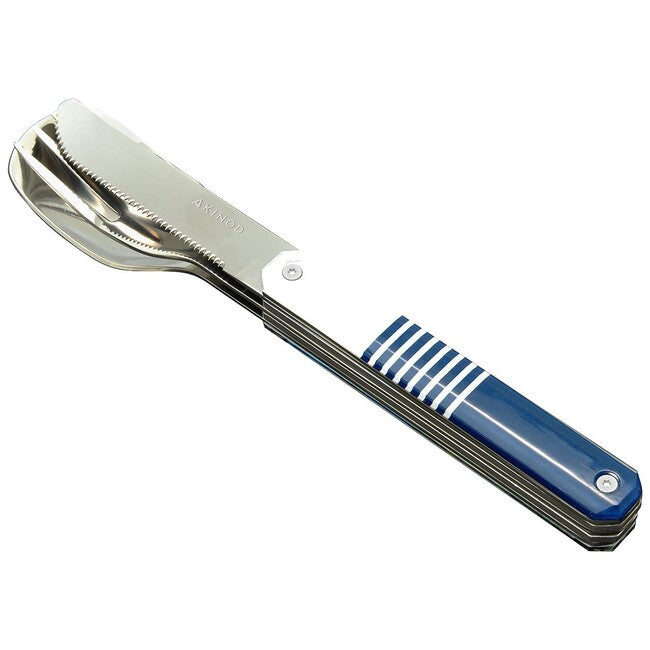 AKINOD Magnetic Travel Cutlery Set, Blue Mariniere-Mirror Finish