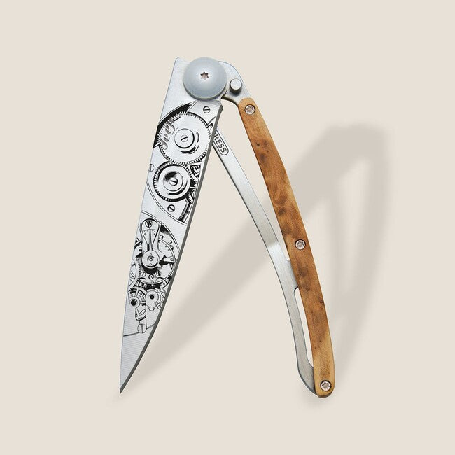 Deejo Horlogéria Folding Knife, Juniper Wood, Grey Titanium