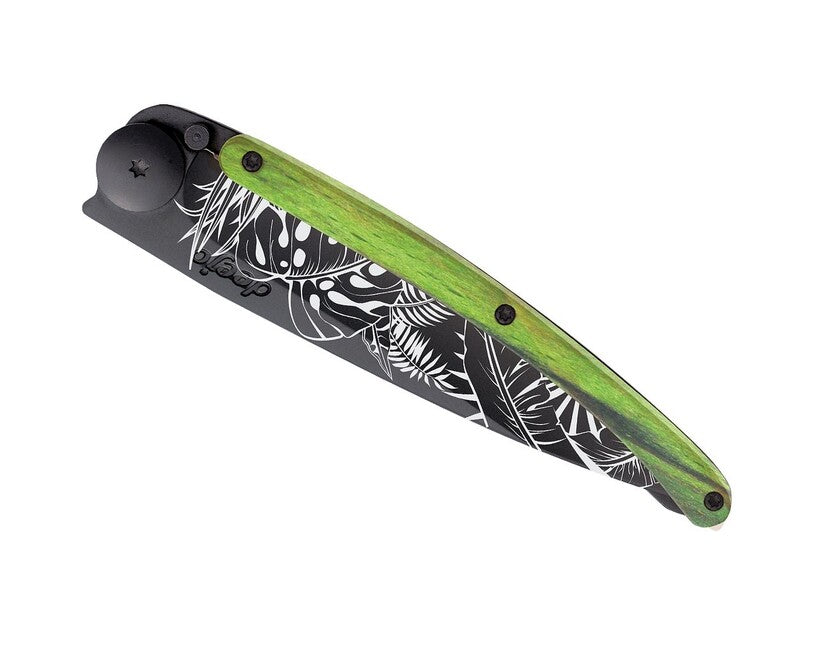 Deejo Tattoo Folding Knife, Black, Green Beech, Jungle