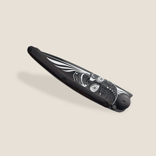 Deejo Black Tattoo Biker Folding Knife, Ebony Wood, Latino Skull