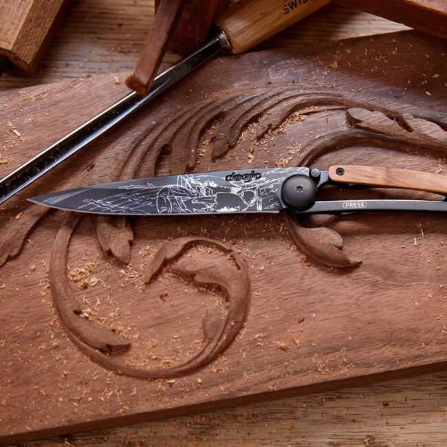 Deejo Tattoo Folding Knife, Black Olive Wood Cancer