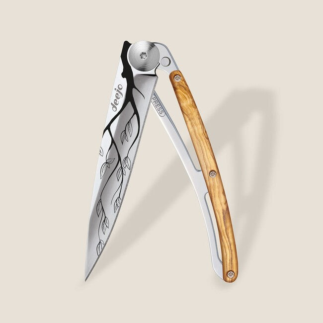 Deejo Tattoo Mirror Folding Knife, Olive Wood Tree