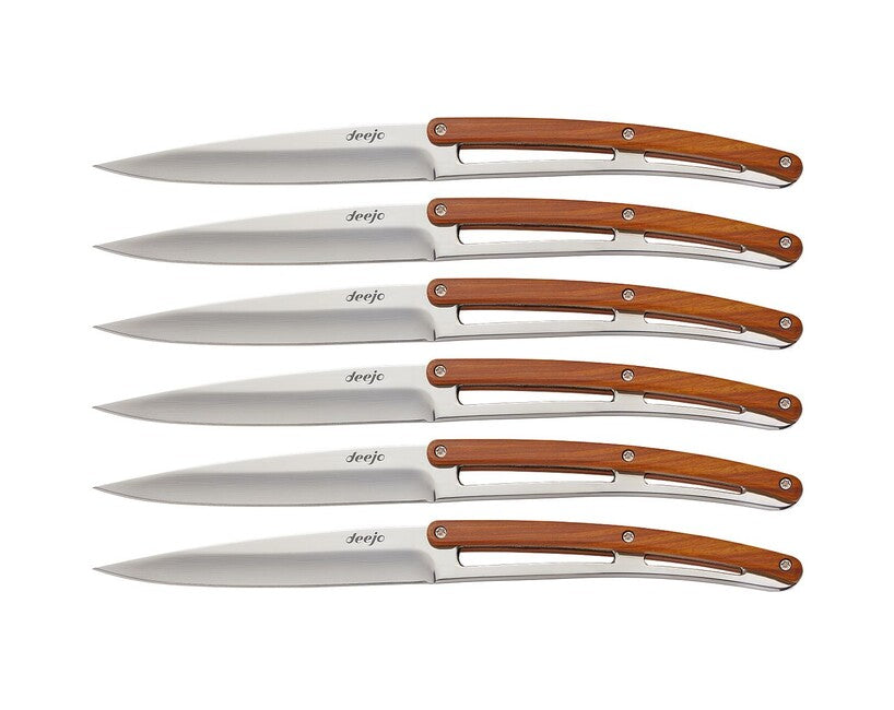 Deejo Set of 6 Knives Shiny Blade Coralwood