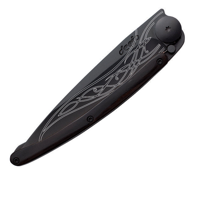 Deejo Black Tattoo Folding Knife, Ebony Wood, Elven Blade