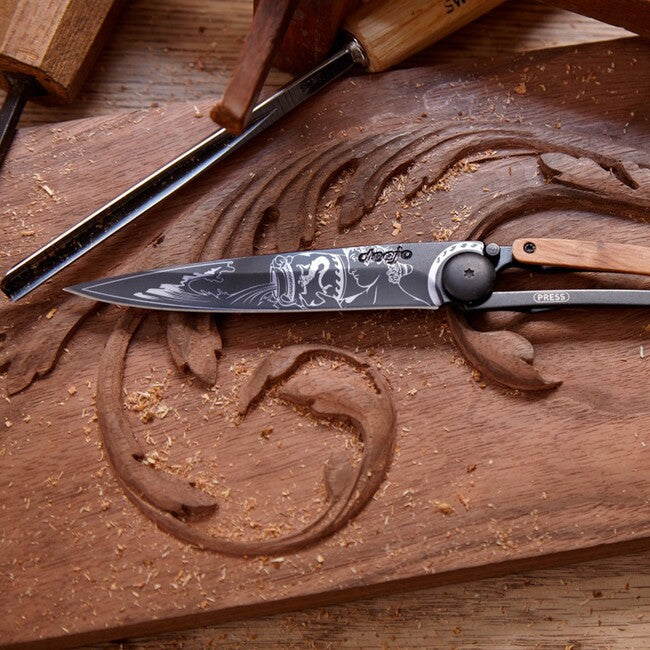 Deejo Tattoo Folding Knife, Black, Olive Wood, Aquarius