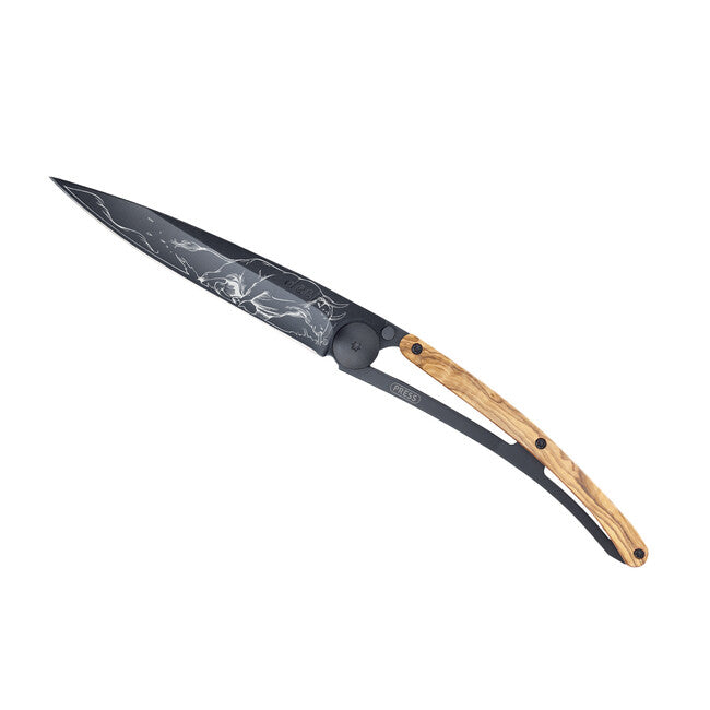 Deejo Tattoo Folding Knife, Black, Olive Wood, Taurus