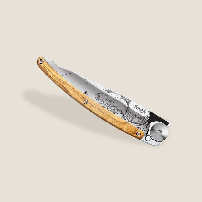 Deejo Tattoo Mirror Folding Knife, Olive Wood, Trout