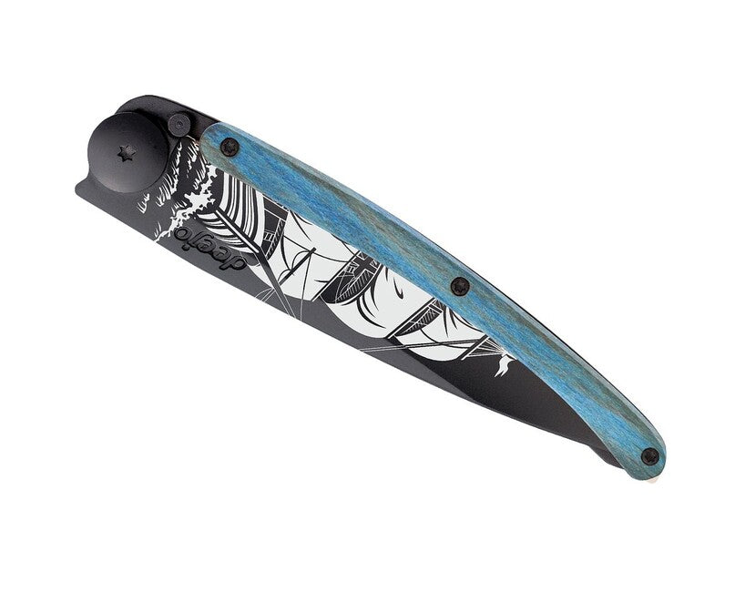 Deejo Tattoo Corsair Folding Knife, Black Blue Beech
