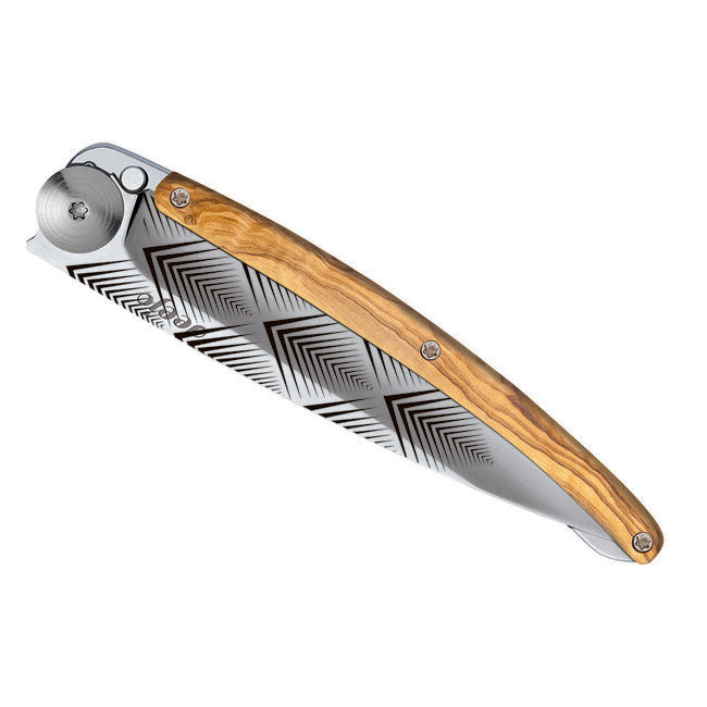 Deejo Tattoo Mirror Folding Knife, Olive Wood, Art Deco