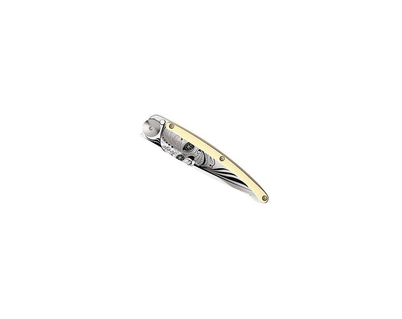 Deejo Tattoo Folding Knife GOLD Latino Skull, Yellow Gold