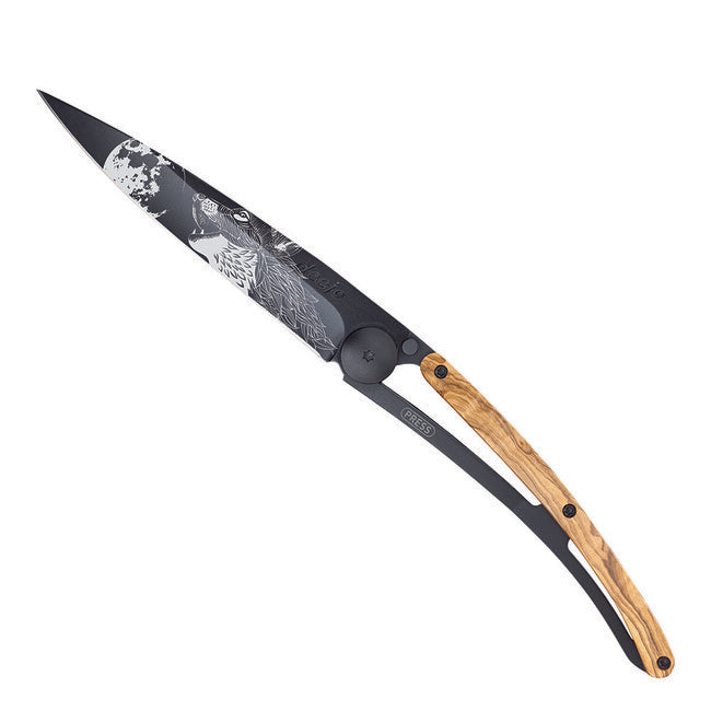 Deejo Black Tattoo Folding Knife, Olive Wood, Howling