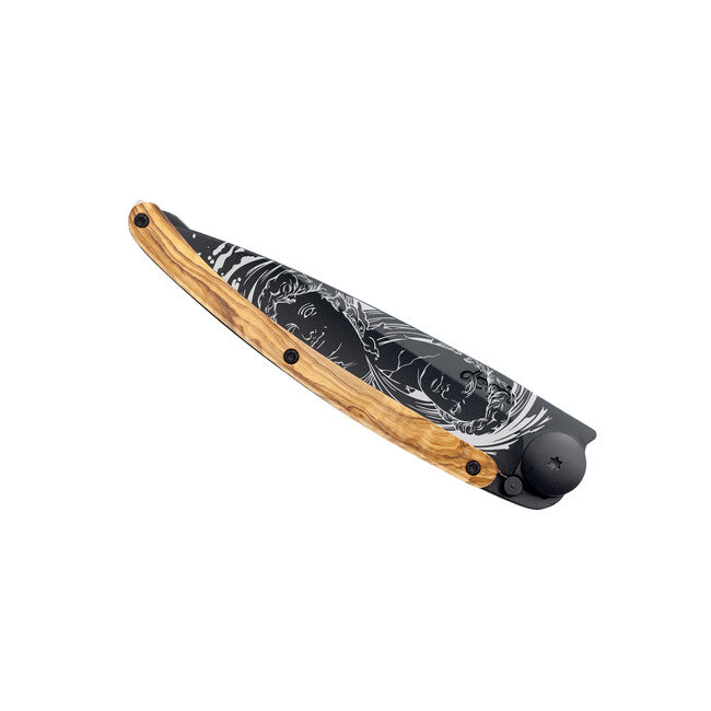 Deejo Tattoo Folding Knife, Black, Olive Wood, Gemini