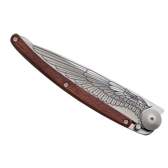 Deejo Tattoo Wing Folding Knife, Coralwood