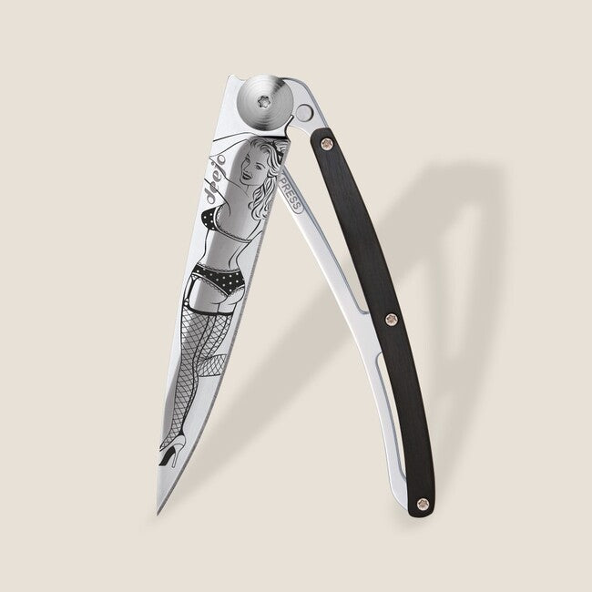 Deejo Tattoo Mirror Folding Knife, Ebony Wood Pin Up