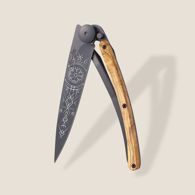 Deejo Tattoo Folding Knife, Black Olive Wood, Viking Vegvisir