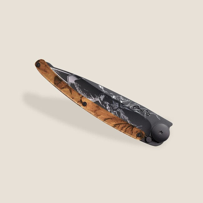 Deejo Tattoo Folding Knife, Black Brown Camo Deer