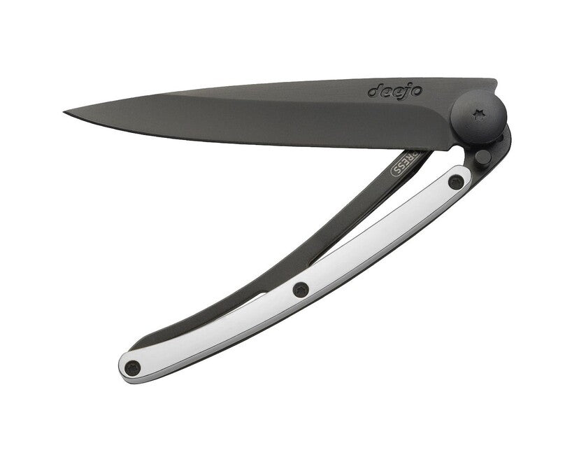 Deejo GOLD Folding Knife, Black, 9kt White Gold