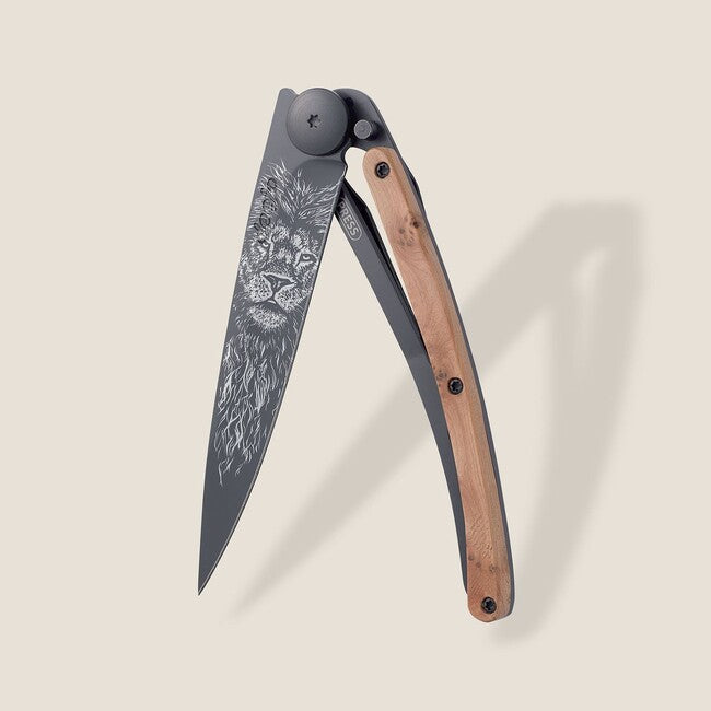 Deejo Tattoo Folding Knife, Black Juniper, Lion
