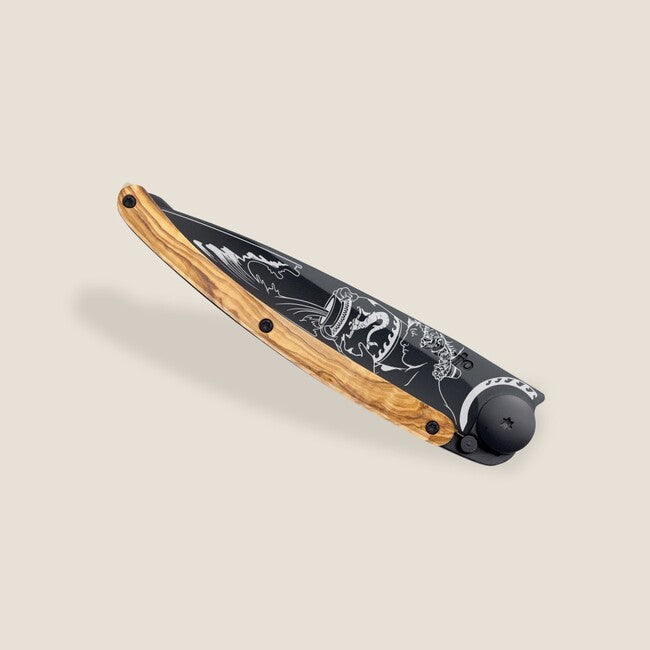 Deejo Tattoo Folding Knife, Black, Olive Wood, Aquarius