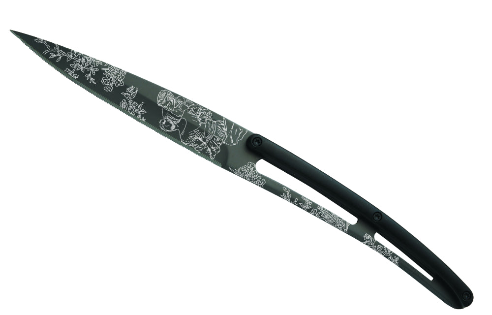 Deejo Set of 6 Steak Knives, Black Titanium Blade, Serrated Edge, Black ABS Handle, Toile de Jouy Design
