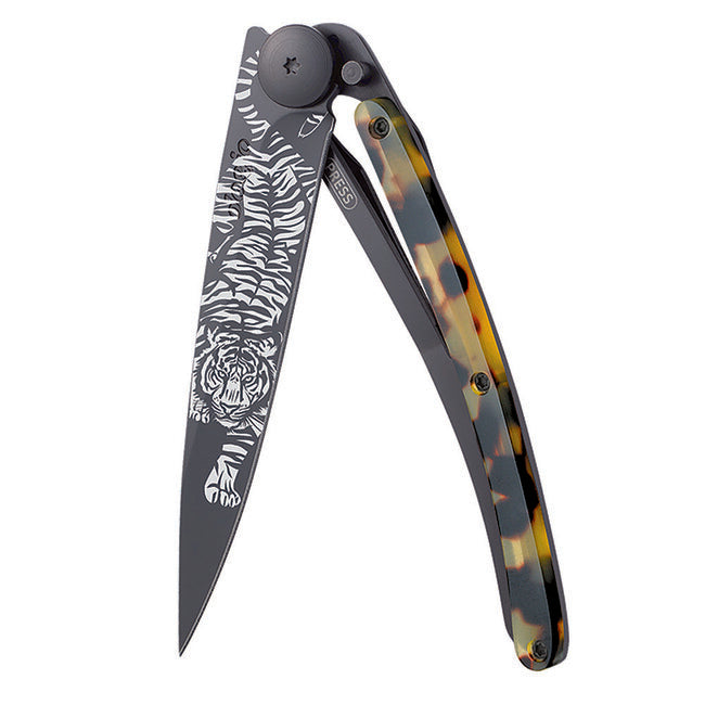 Deejo Tattoo Turtle Folding Knife, Black Turtle Shell Tiger