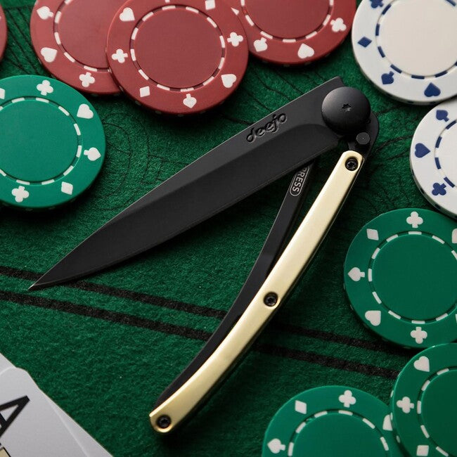 Deejo Folding Knife GOLD Black 23kt Yellow Gold